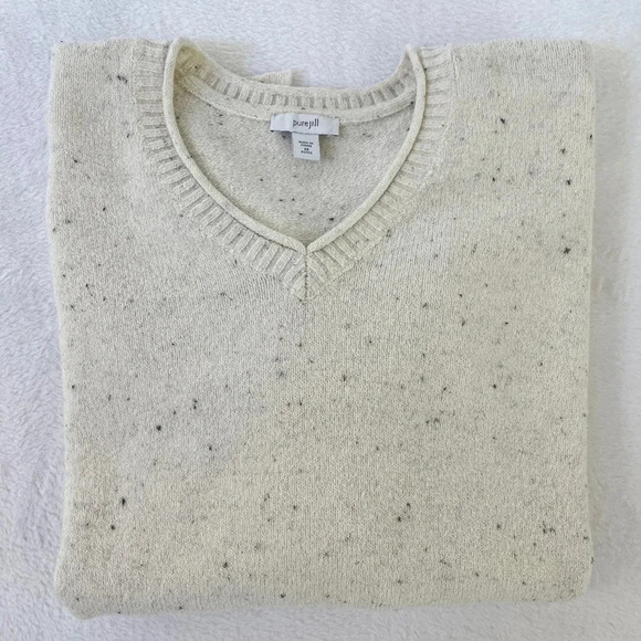 J Jill Pure Jill Sweater XS Petite White Speckled Knit V-Neck Tunic Pullover - Picture 11 of 11